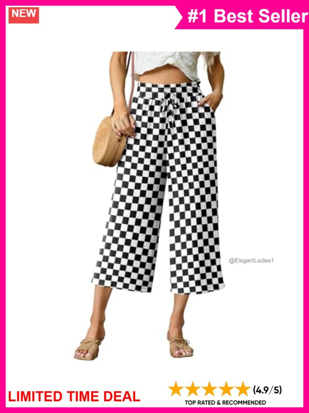 Womens Wide Leg Capri Pants 100% Polyester High Waisted Drawstring Pockets